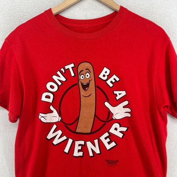 SAUSAGE PARTY Shirt Adult L DONT BE A WIENER Hotdog Happy Face Short Sleeve Red - Picture 1 of 12